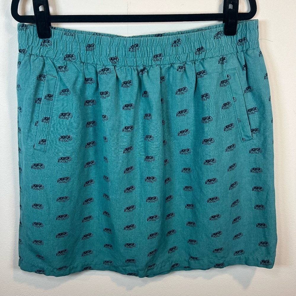 Loft Outlet Linen Blend Mini Skirt Teal Elephant Print Pockets Womens Size Large